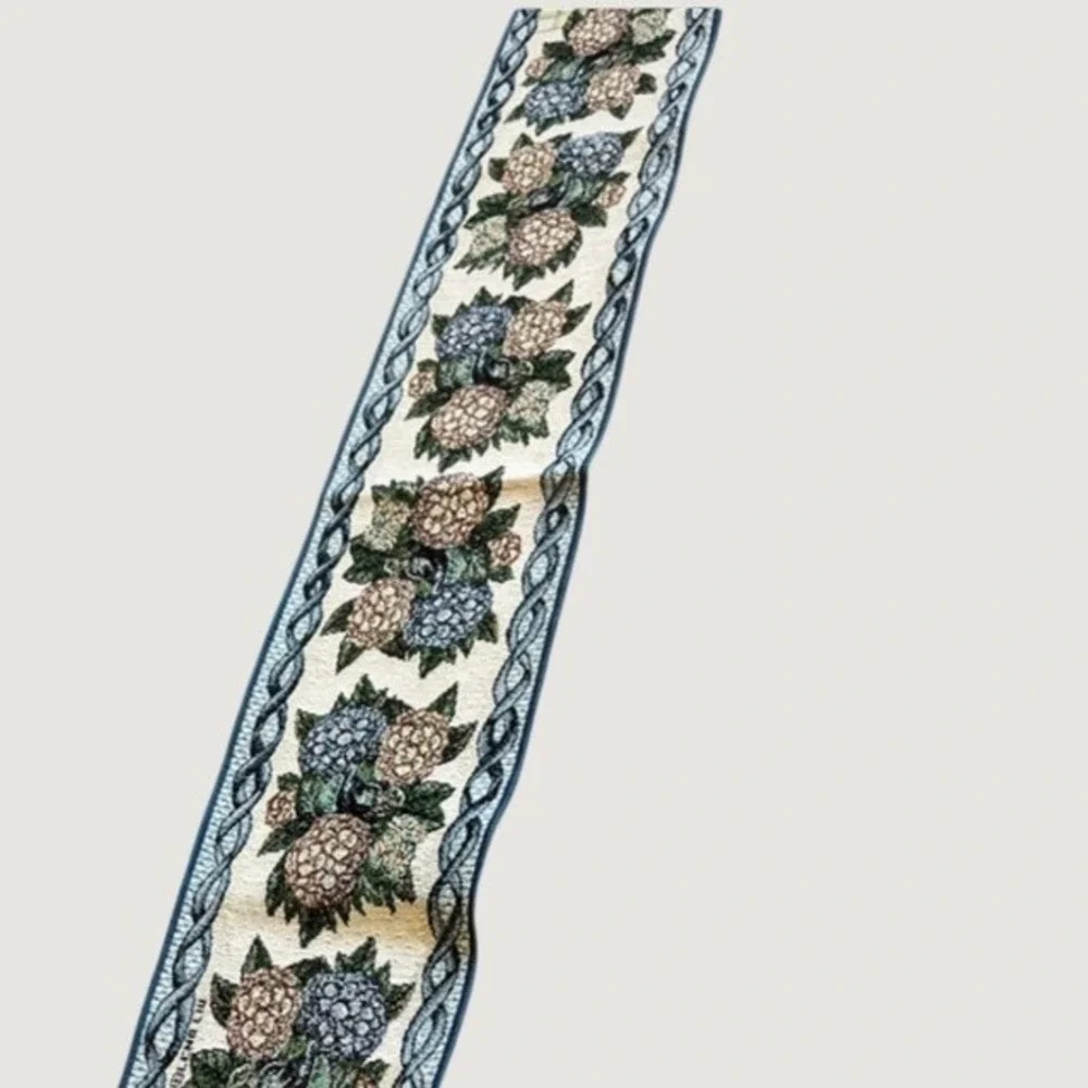 Floral Tapestry Wall Hanging Vertical Blue Tassel Wooden Dowel 48 in